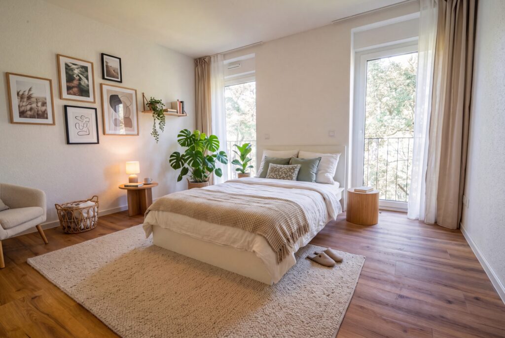 Beispiel-Einrichtung: Bett mit Wanddekoration und Pflanze vor dem Balkonfenster (Visualisierung)