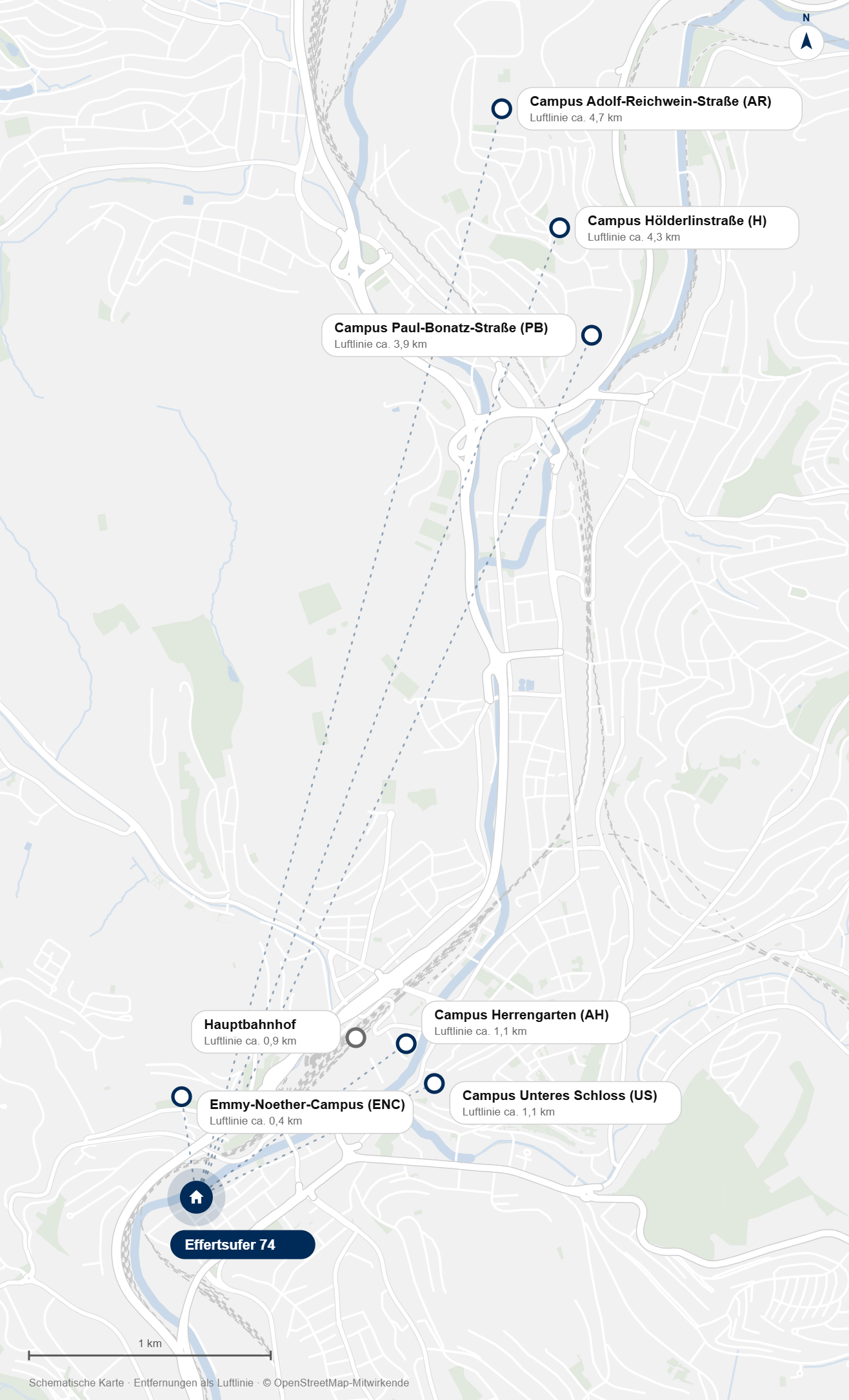Lagekarte: Effertsufer 74 mit Hauptbahnhof und den sechs Campus der Universität Siegen