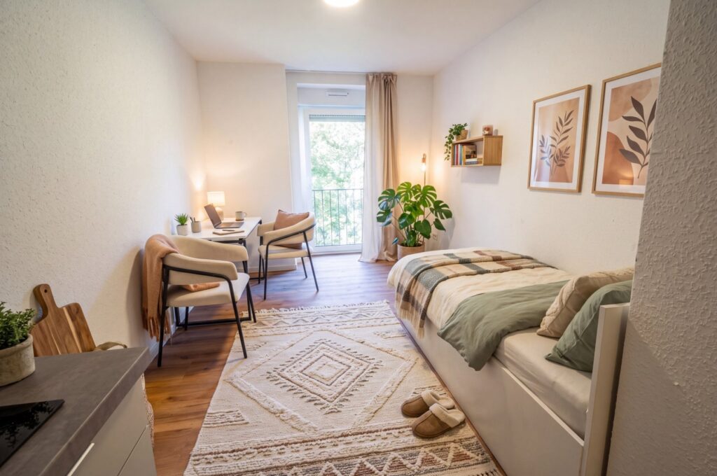 Beispiel-Einrichtung: Wohnraum mit Bett, Teppich und Arbeitsplatz am Fenster (Visualisierung)